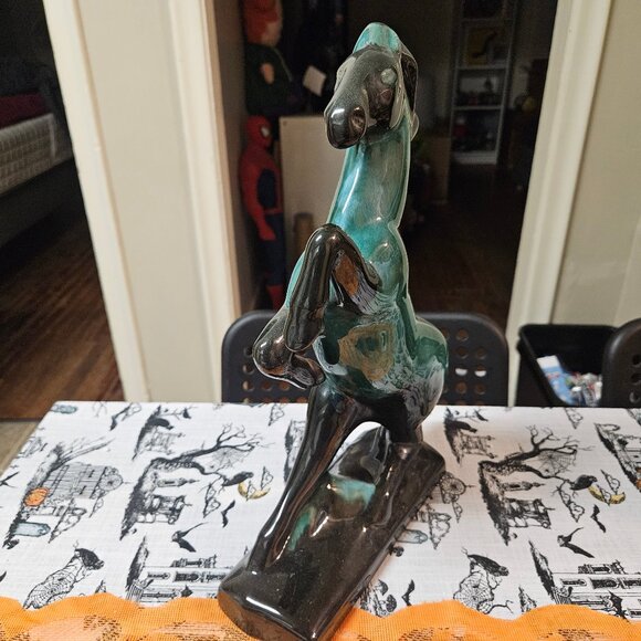 Vintage Blue Mountain Pottery Rearing Green / Black Terra Cotta Horse 14" MCM - Picture 2 of 13